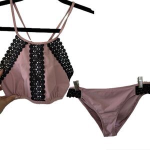 California Sunshine Macrame Crochet Lace High Neck Padded 2 Piece Bikini XL